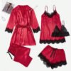 5 piece nightwear set with contrast lace, belt, satin